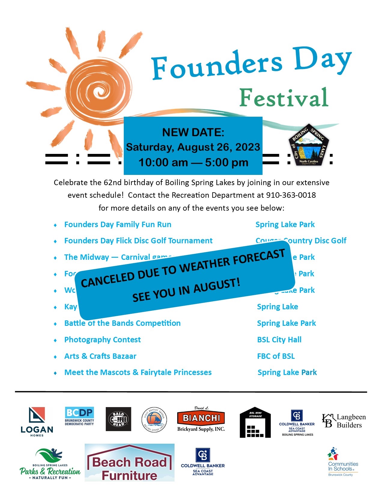 Founders Day Festival Cancelled until August 26th City of Boiling